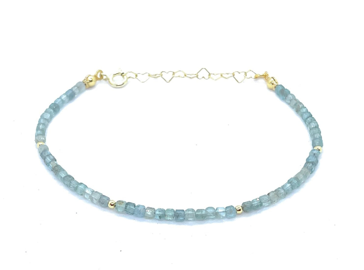 Eloboe essence Pulsera de Cianita Natural, Cubos 2mm, Plata 925 Chapada en Oro 24K, 16-19 cm, Ajustable