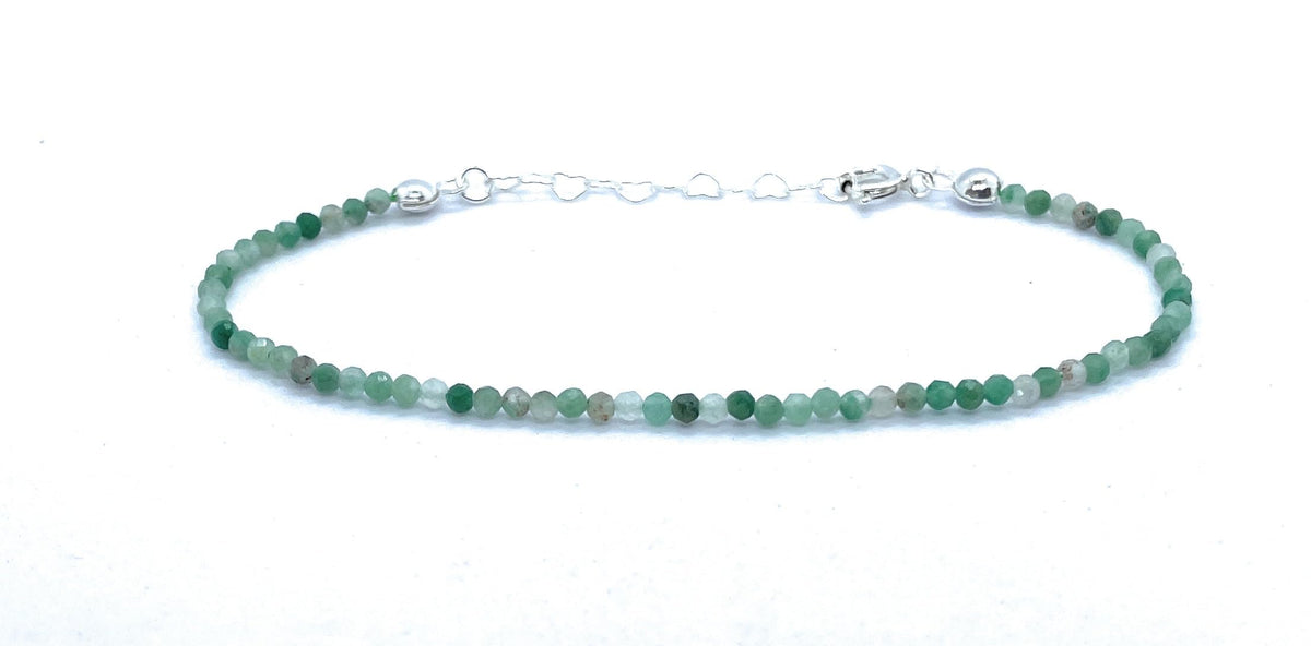 Pulsera de Esmeralda Natural de 2 mm, Plata 925, Ajustable de 16 a 19 cm