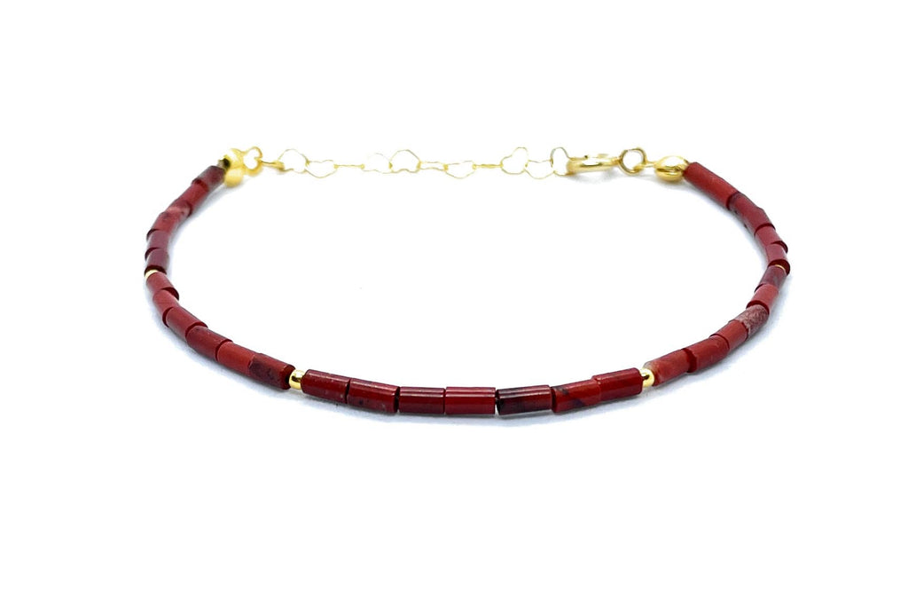 Pulsera de jaspe rojo natural, tubos de 2x4 mm, plata 925 chapada en oro 24k, 16-19 cm