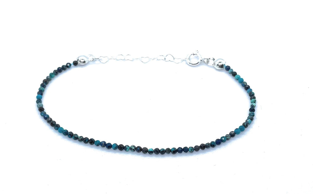 Pulsera de crisocola natural de 2 mm, plata de ley 925, ajustable de 16 a 19 cm