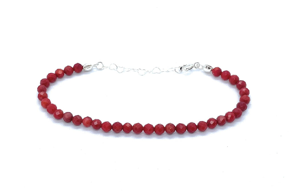 Pulsera de coral rojo de 4 mm, plata de ley 925, ajustable de 16 a 19 cm