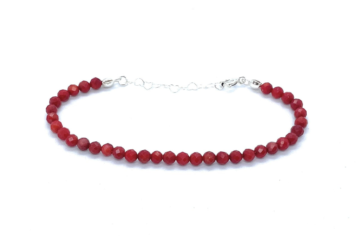 Pulsera de coral rojo de 4 mm, plata de ley 925, ajustable de 16 a 19 cm