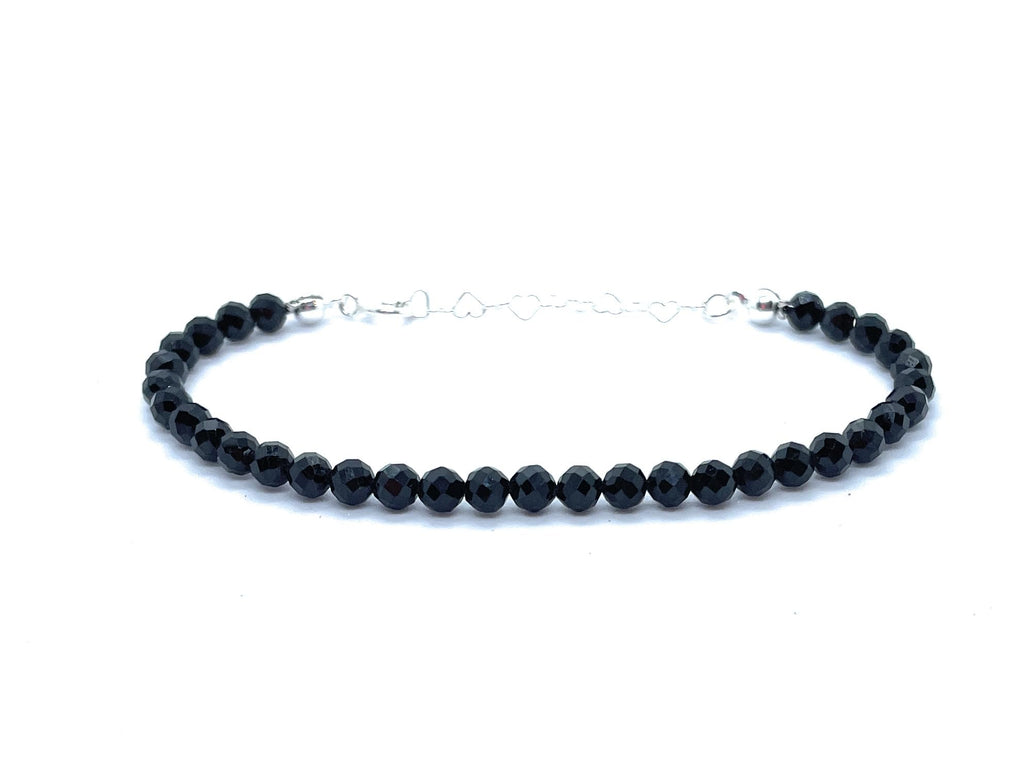 Pulsera de Turmalina Negra Natural, 4mm, Plata 925, Ajustable 16-19cm