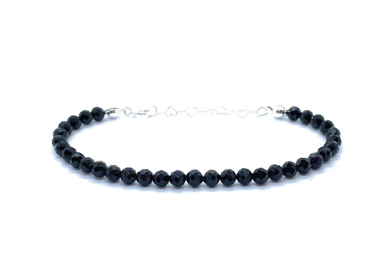 Pulsera de Turmalina Negra Natural, 4mm, Plata 925, Ajustable 16-19cm