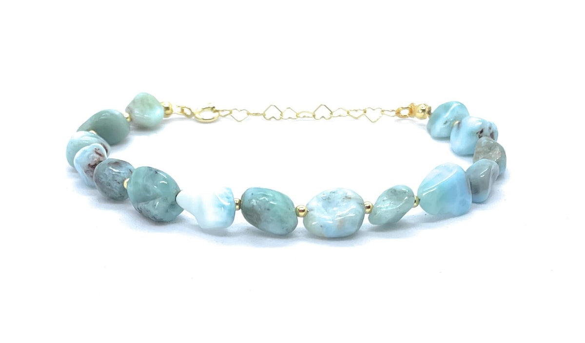 Eloboe essence Pulsera de Larimar Natural con Plata 925 Chapada en Oro, Ajustable 16-19 cm, Piedras 5x7mm, Azul Turquesa