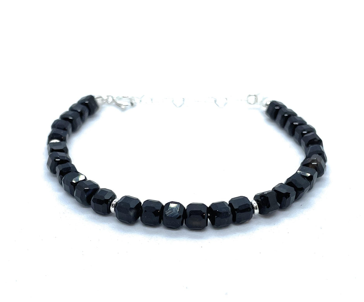 Pulsera de Turmalina Negra Cubos de 4 mm, Plata 925, Ajustable 16-19 cm