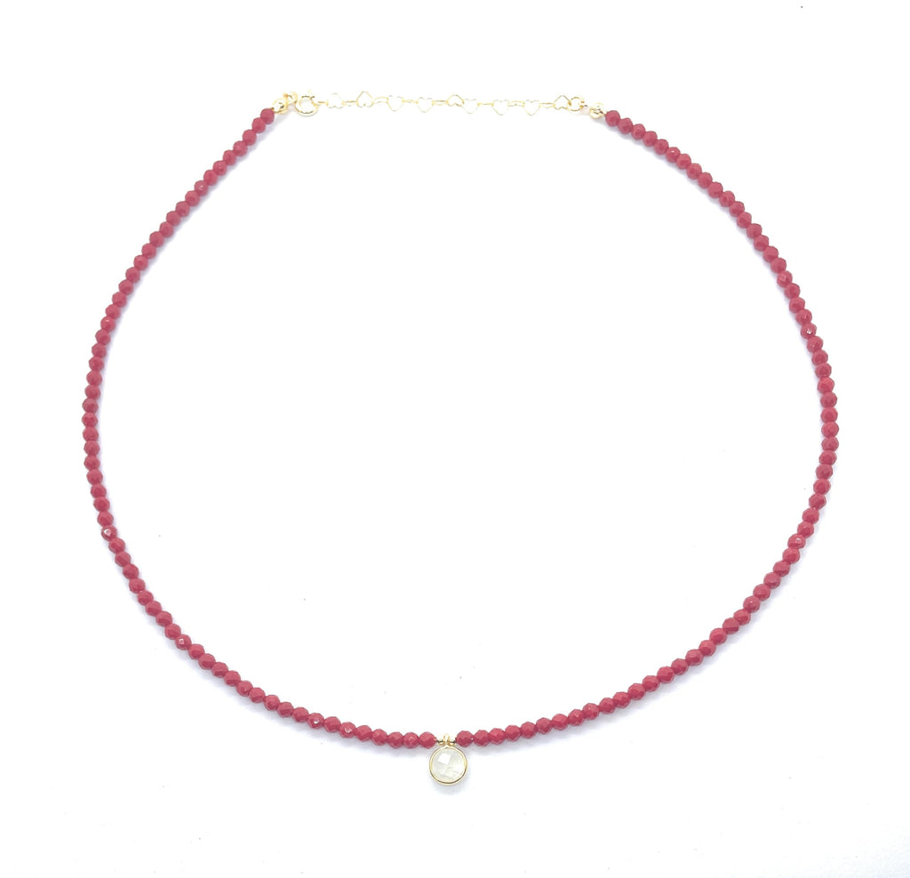 Eloboe essence Gargantilla de Coral Natural 3mm, Colgante de Piedra Luna, Plata 925 Chapada, 40-45cm, Rojo