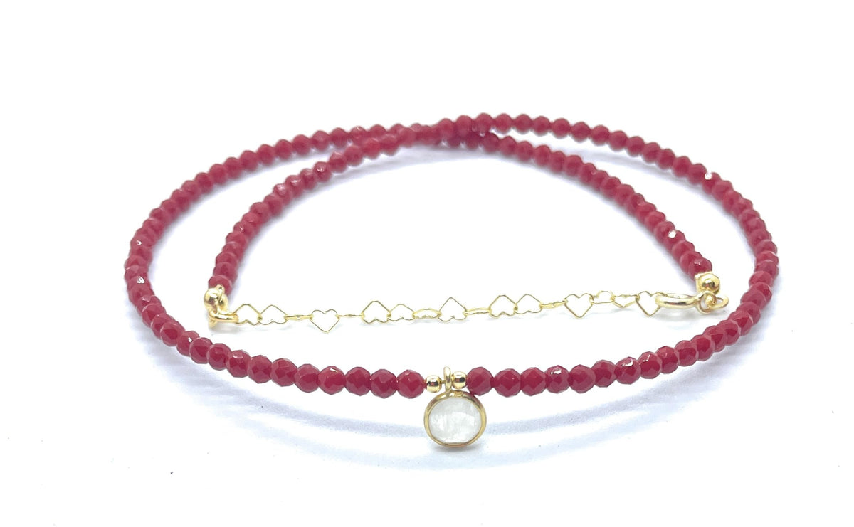 Eloboe essence Gargantilla de Coral Natural 3mm, Colgante de Piedra Luna, Plata 925 Chapada, 40-45cm, Rojo