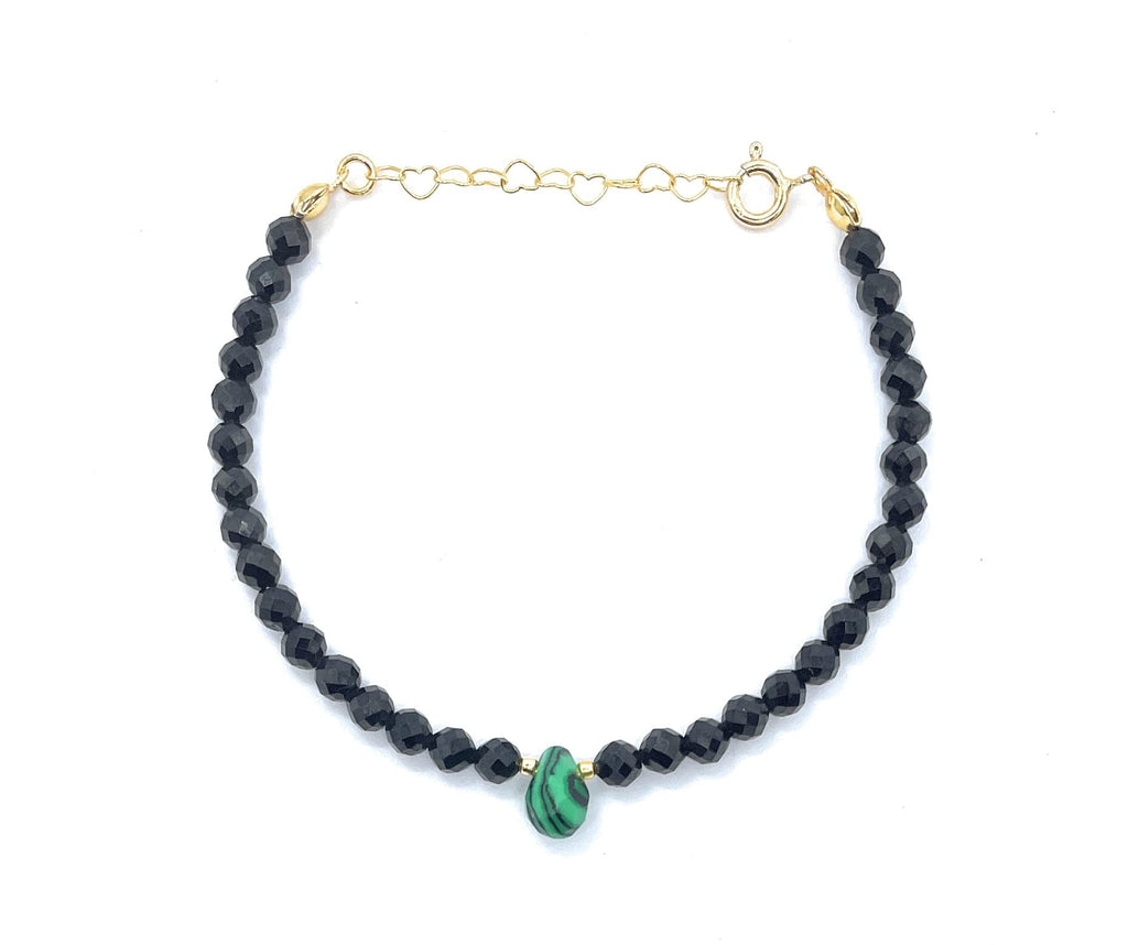 Pulsera de turmalina negra y malaquita plata de ley chapada en oro de 24 k ajustable de 16 cm a 19 cm