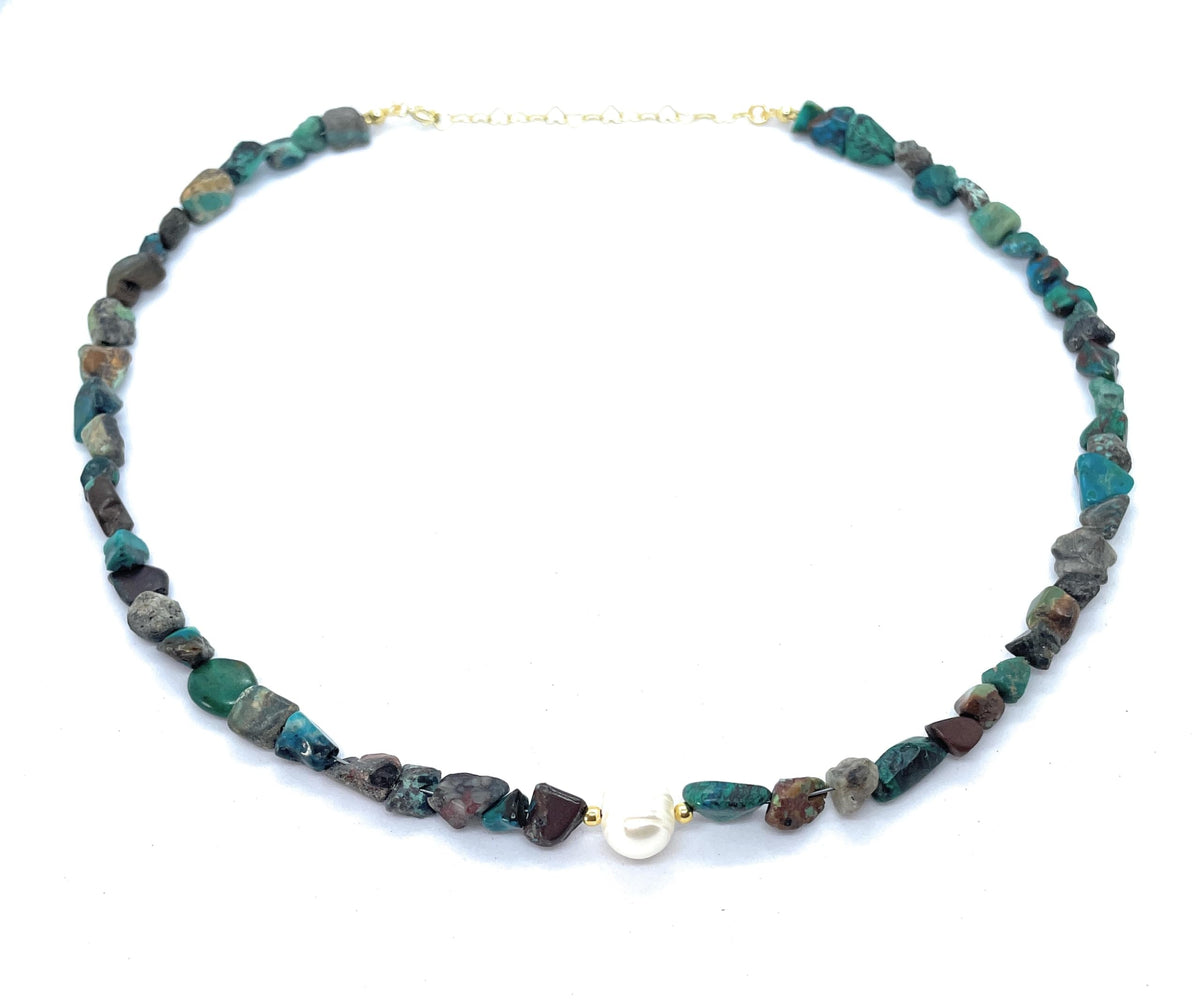 Eloboe essence Collar de Crisocola Natural con Perla, 40-45 cm Ajustable, Piedras 5x7 mm, Plata 925 Chapada en Oro