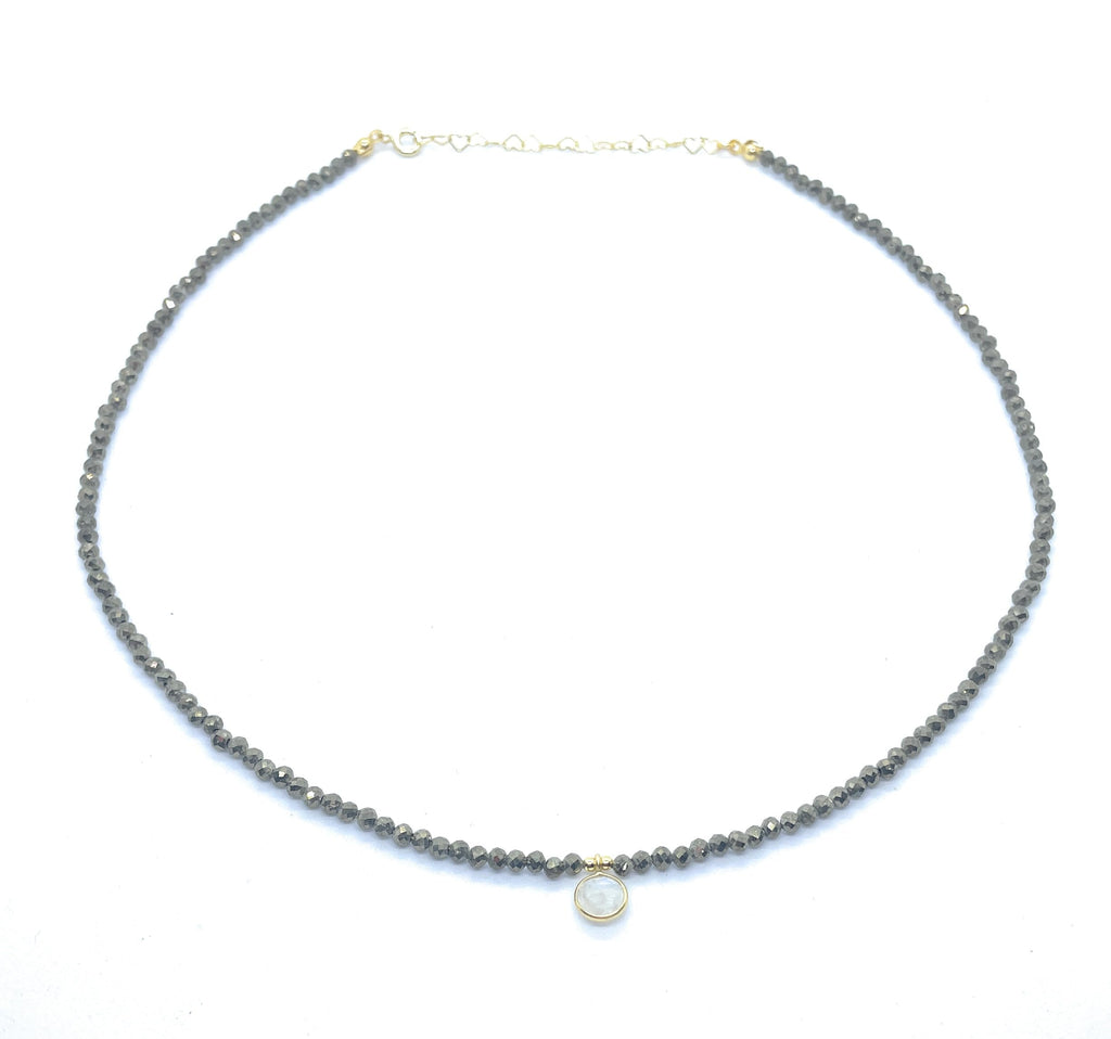 Eloboe essence Gargantilla de Pirita 3mm con Colgante de Piedra Luna, Plata 925 Chapada en Oro 24K, 40-45cm, Ajustable