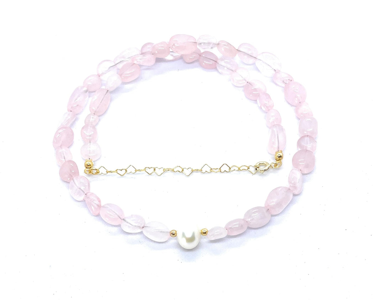 Eloboe essence Collar de Cuarzo Rosa Natural con Perla, 40-45 cm, Plata 925 Chapada en Oro, 35 Piedras de 5x7 mm