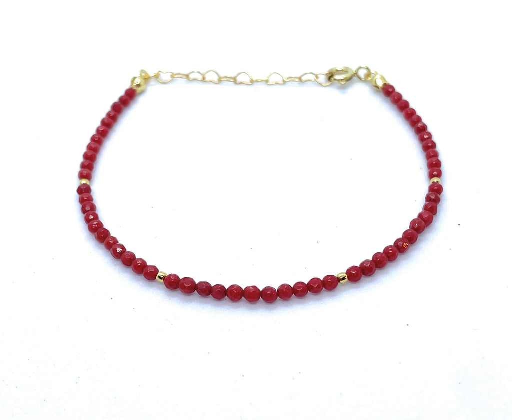 Pulsera de Coral Natural, Plata 925 Chapada en Oro 24k, Ajustable 16-19cm, 2mm