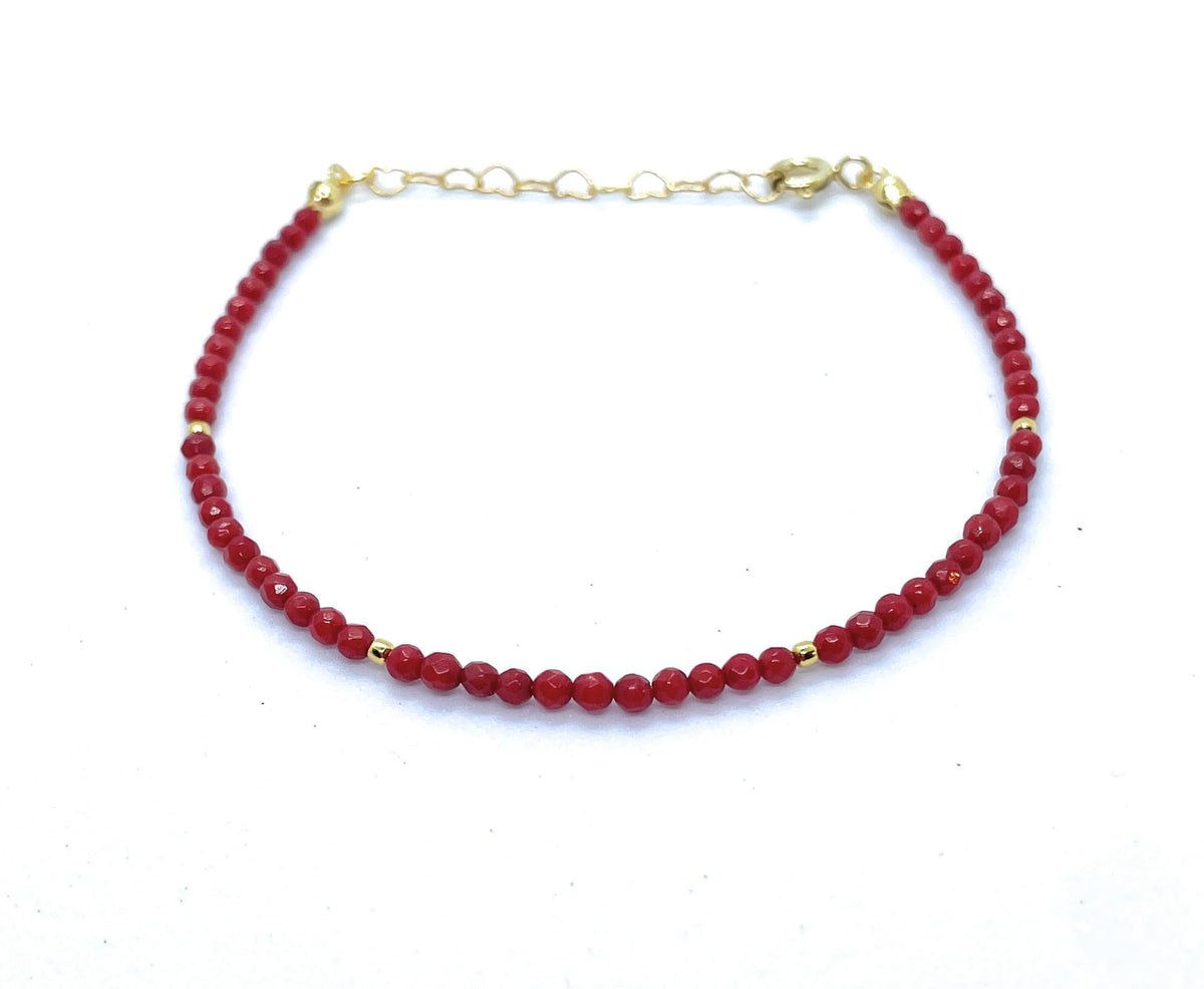Pulsera de Coral Natural, Plata 925 Chapada en Oro 24k, Ajustable 16-19cm, 2mm