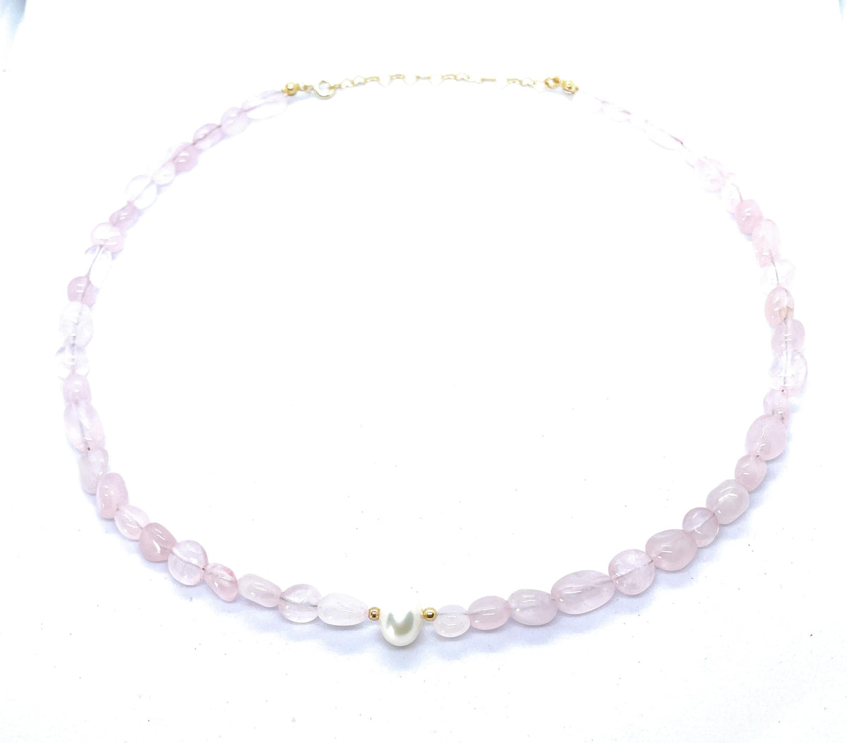 Eloboe essence Collar de Cuarzo Rosa Natural con Perla, 40-45 cm, Plata 925 Chapada en Oro, 35 Piedras de 5x7 mm