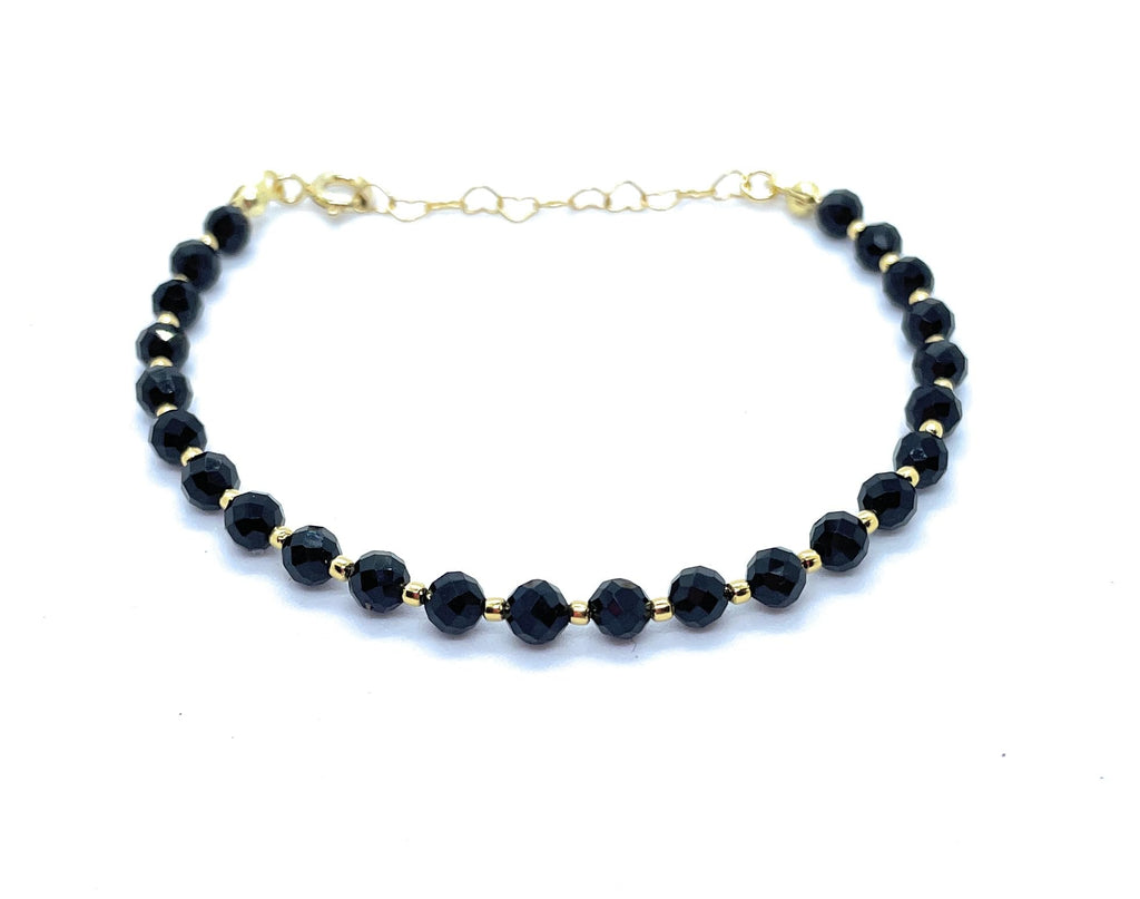 Pulsera de Turmalina Negra, 4mm, Plata 925 Chapada en Oro 24k, Ajustable 16-19cm