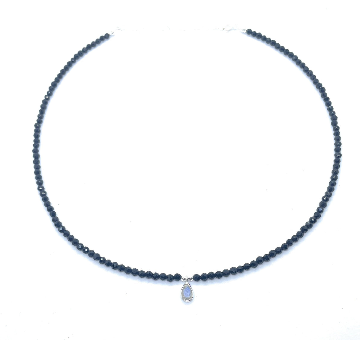 Eloboe essence Gargantilla de Turmalina Negra 3mm, Colgante de Labradorita, Plata 925, 40-45cm, Ajustable
