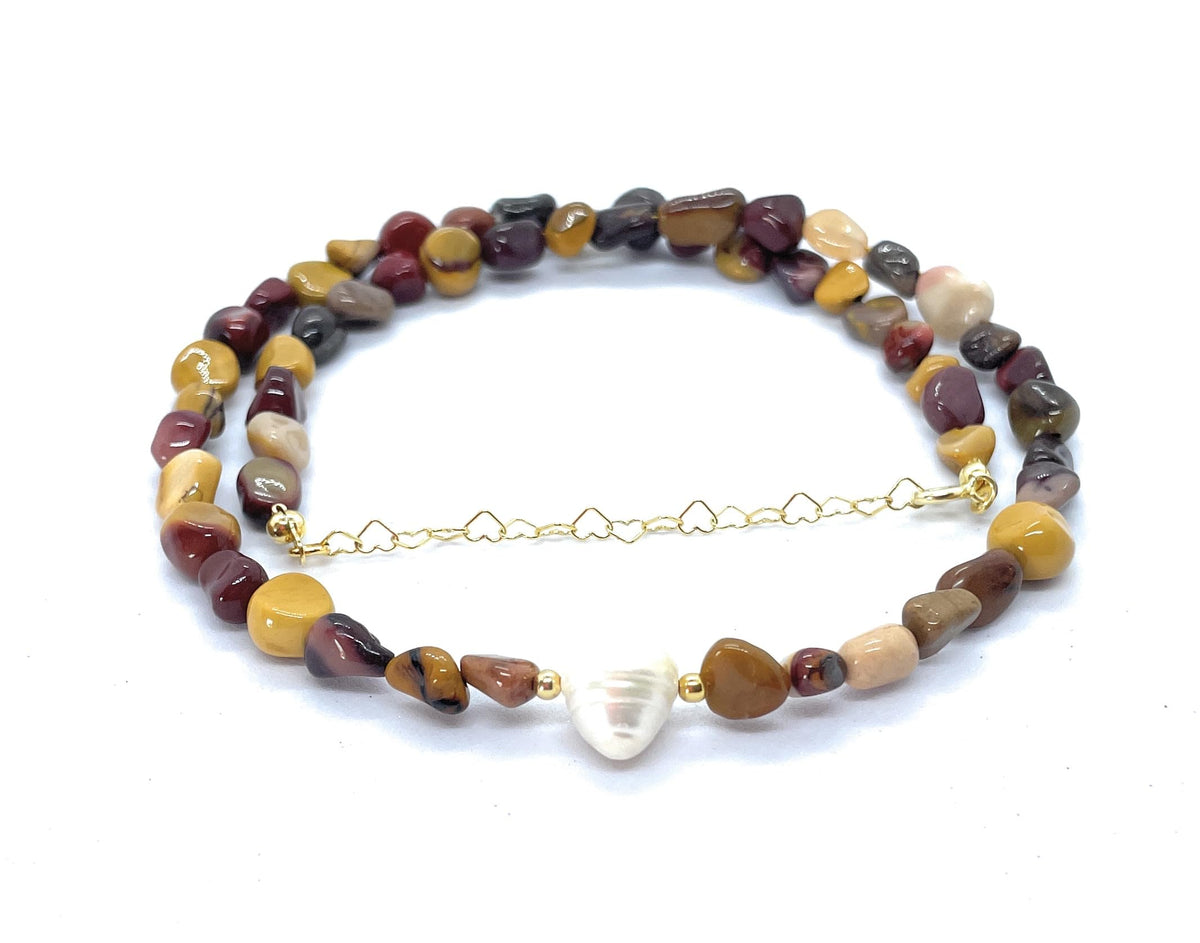 Eloboe essence Collar de Jaspe Mookaita Natural, 40-45 cm, Piedras 5x7 mm con Perla Central, Plata 925 Chapada en Oro 24k