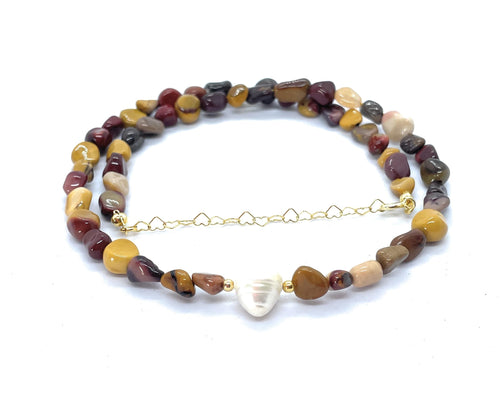 Eloboe essence Collar de Jaspe Mookaita Natural, 40-45 cm, Piedras 5x7 mm con Perla Central, Plata 925 Chapada en Oro 24k