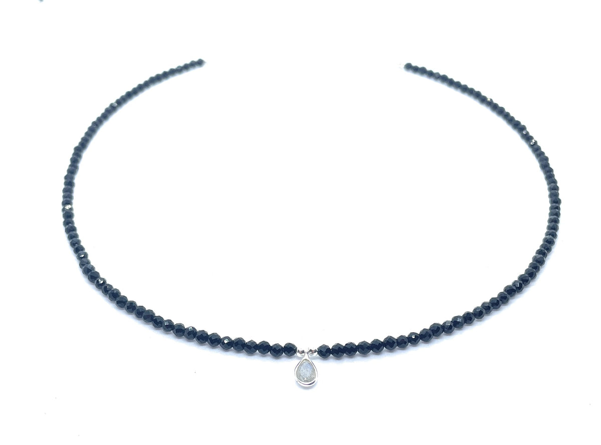 Eloboe essence Gargantilla de Turmalina Negra 3mm, Colgante de Labradorita, Plata 925, 40-45cm, Ajustable