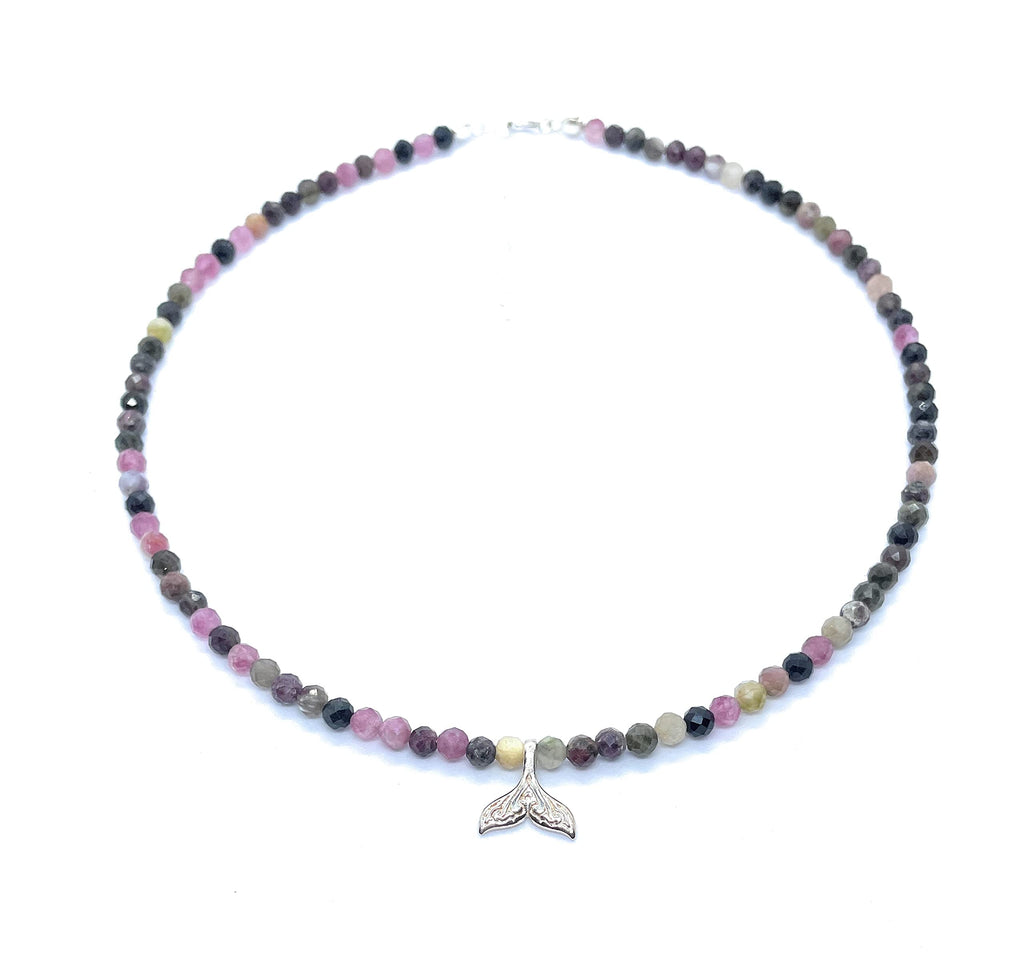 Gargantilla de piedras naturales y cola de sirena en plata de ley 925 longitud 40 cm extension con cadena de corazón hasta 45 cm (Turmalina Sandia)