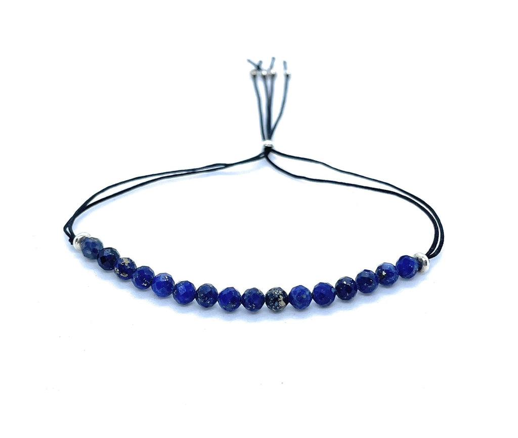 Pulsera de hilo lapislázuli piedra natural de 4 mm de grosor y plata de ley ajustable
