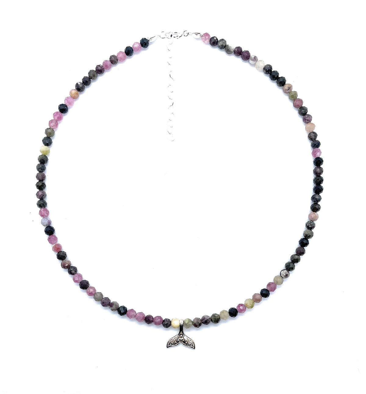 Gargantilla de piedras naturales y cola de sirena en plata de ley 925 longitud 40 cm extension con cadena de corazón hasta 45 cm (Turmalina Sandia)