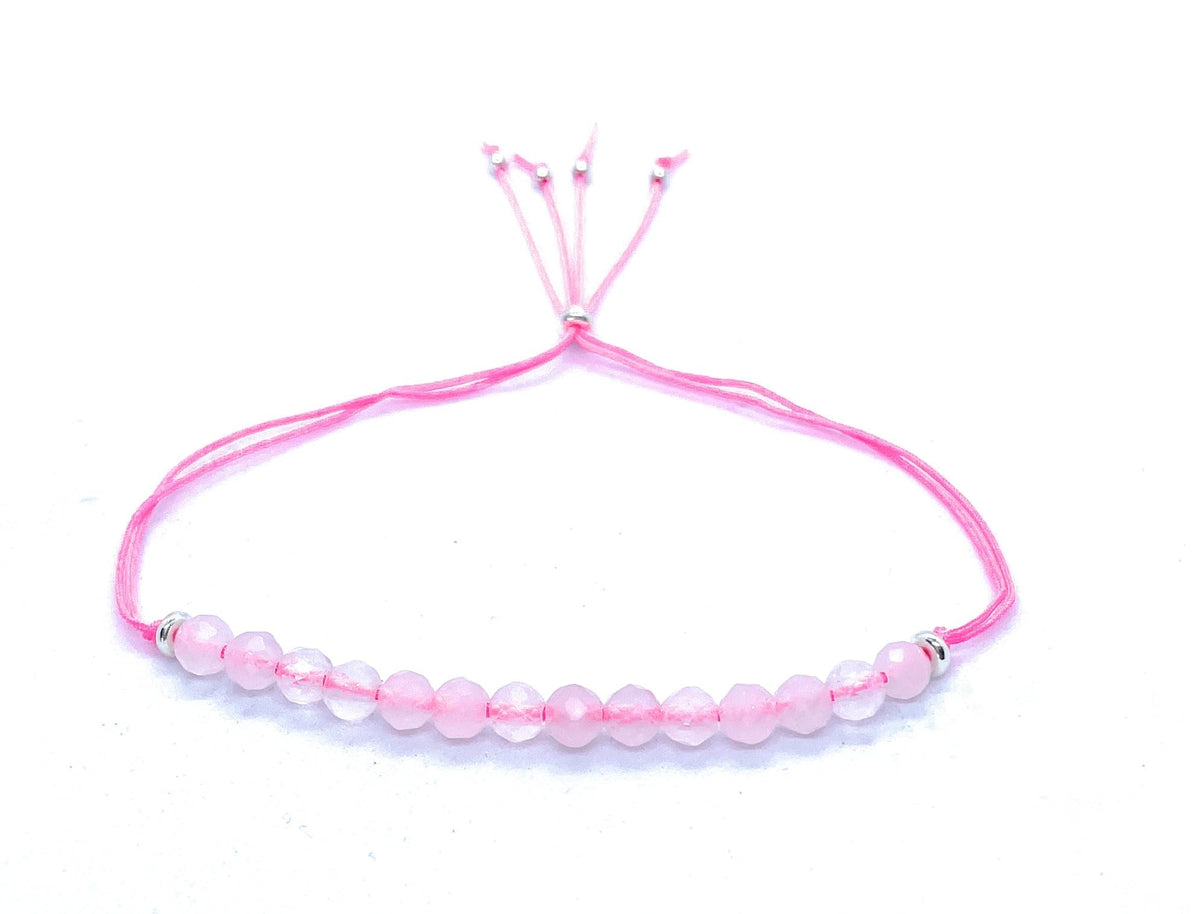 Pulsera de hilo, cuarzo rosa piedra natural de 4mm de grosor y plata de ley