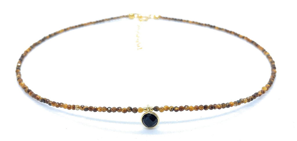 Gargantilla de ojo de tigre de 2 mm de grosor colgante de onix plata de primera ley 925 chapada en oro de 24K longitud 40cm ampliable a 45cm