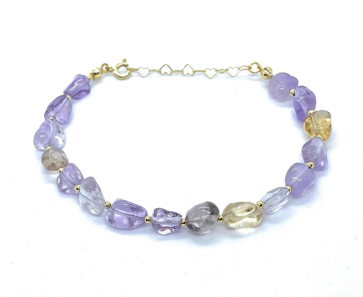 Eloboe essence Pulsera de Ametrina Natural, 5x7mm, Plata 925 Chapada en Oro 24K, 16-19 cm, Dorado