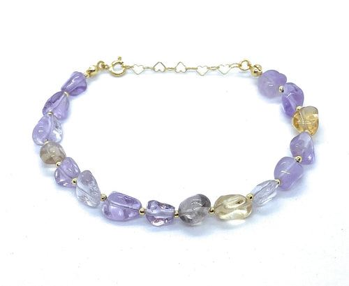 Eloboe essence Pulsera de Ametrina Natural, 5x7mm, Plata 925 Chapada en Oro 24K, 16-19 cm, Dorado