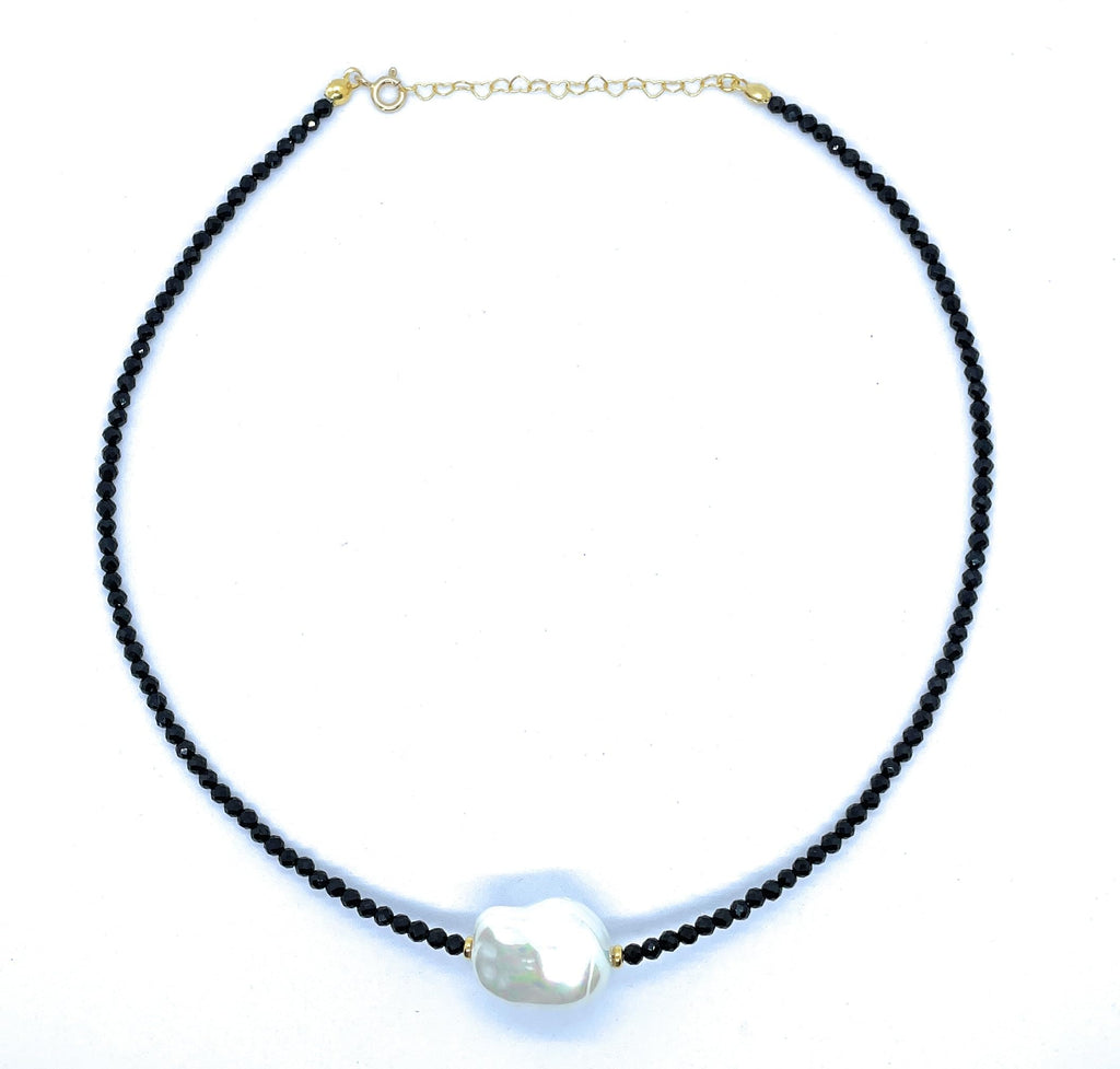 Gargantilla de perla barroca de 22 mm de grosor espinelas negras piedra natural semipreciosa de 2 mm de grosor plata de primera ley chapada en oro longitud 40 cm ajustable a 45 cm