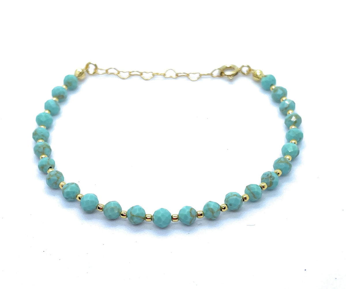 Pulsera de Turquesa Natural, 4mm, Plata 925 Chapada en Oro 24k, Ajustable 16-19cm