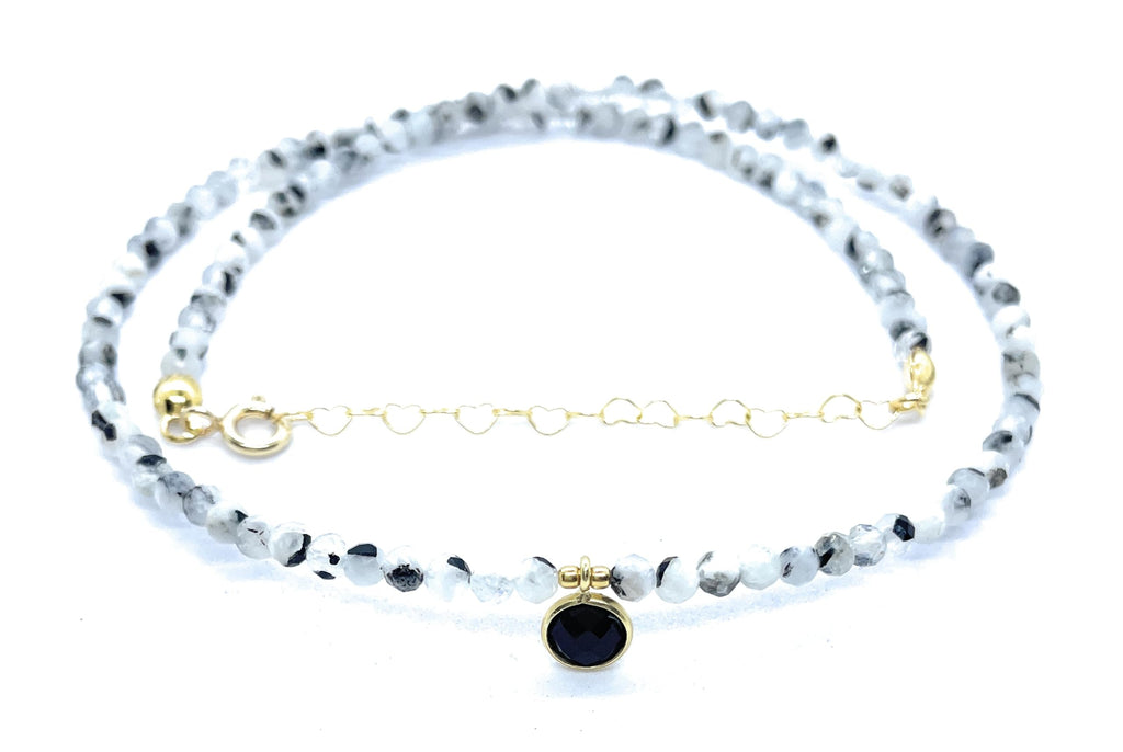 Gargantilla de Piedra Luna Natural con Turmalina Negra 3mm, Colgante de Ónix, Plata 925 Chapada en Oro 24K, 40-45cm Ajustable