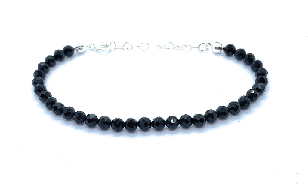 Pulsera de Turmalina Negra Natural, 4mm, Plata 925, Ajustable 16-19cm