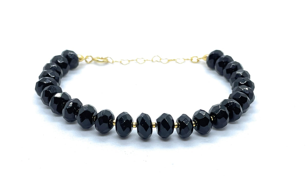 Pulsera de turmalina negra facetada, 6x4 mm, plata 925 chapada en oro 24K, 16-19 cm ajustable