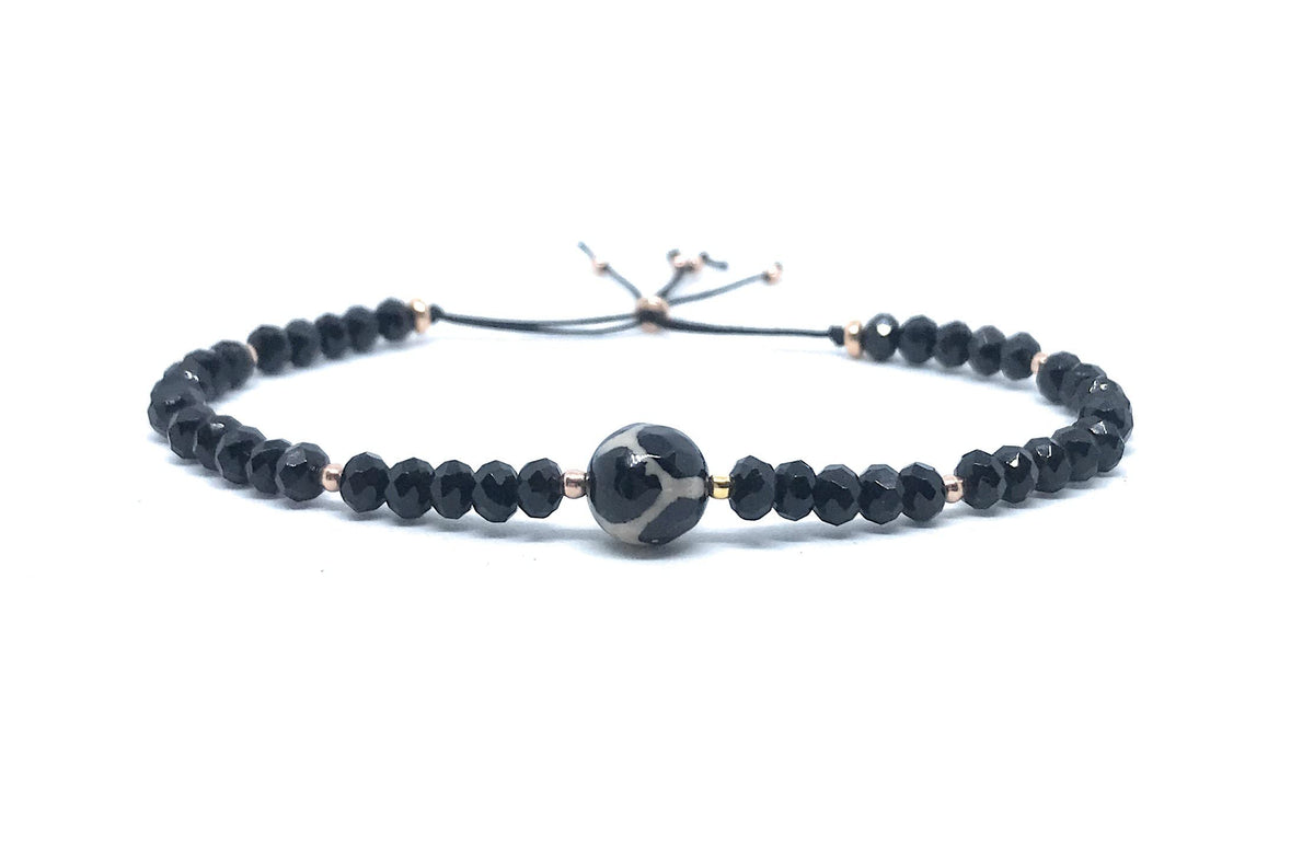Pulsera de hilo Talismán tibetano Dzi agata Piedra natural Espinelas negras Plata de primera ley 925 chapada en Oro rosa