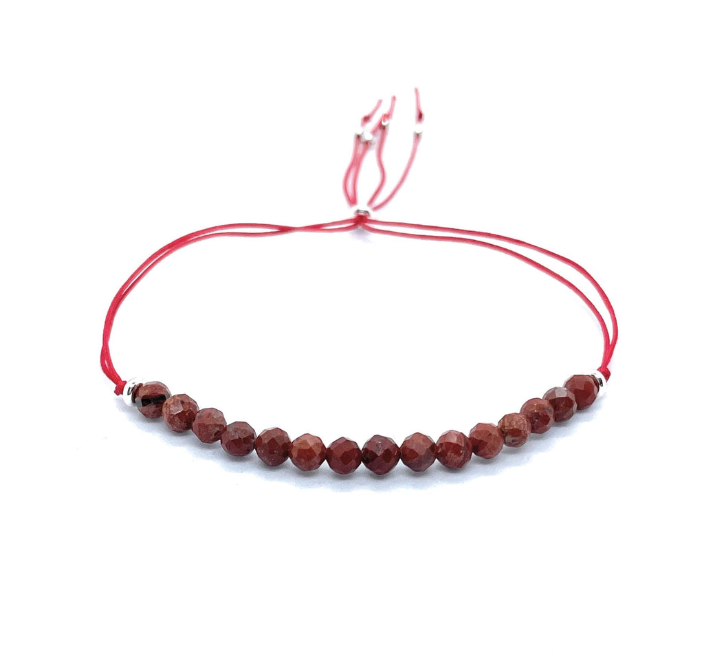 Pulsera de hilo con cuentas de jaspe rojo de 4 mm, plata de ley 925, ajustable