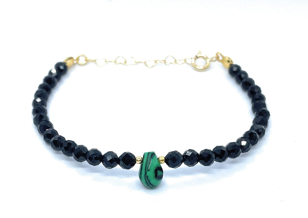 Pulsera de turmalina negra y malaquita plata de ley chapada en oro de 24 k ajustable de 16 cm a 19 cm