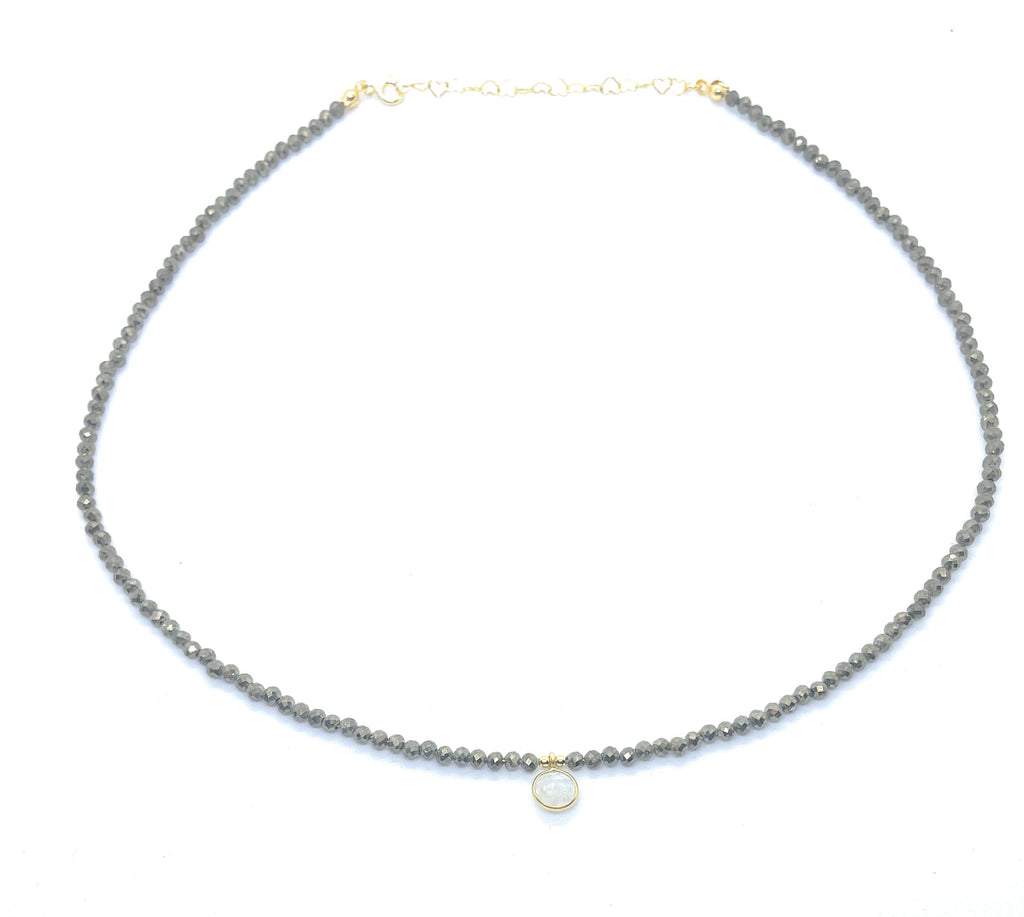 Eloboe essence Gargantilla de Pirita 3mm con Colgante de Piedra Luna, Plata 925 Chapada en Oro 24K, 40-45cm, Ajustable