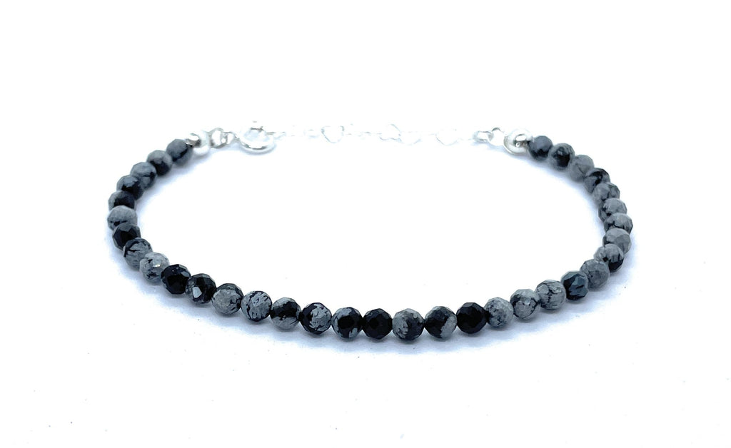 Pulsera de obsidiana nevada de 4 mm, plata de ley 925, ajustable de 16 a 19 cm