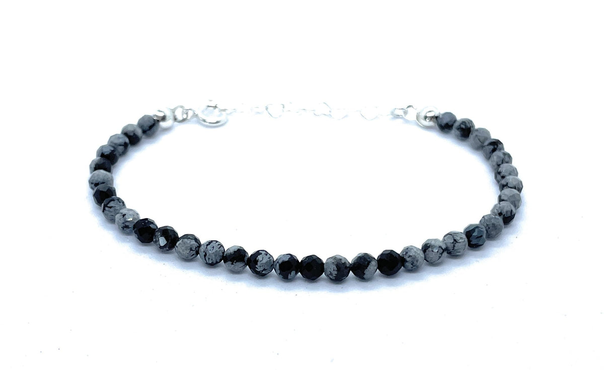 Pulsera de obsidiana nevada de 4 mm, plata de ley 925, ajustable de 16 a 19 cm