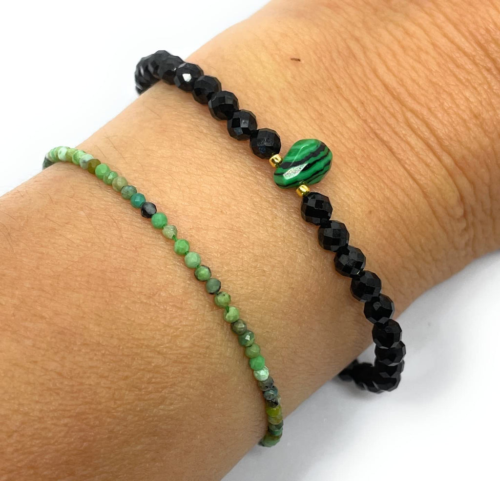 Pulsera de turmalina negra y malaquita plata de ley chapada en oro de 24 k ajustable de 16 cm a 19 cm
