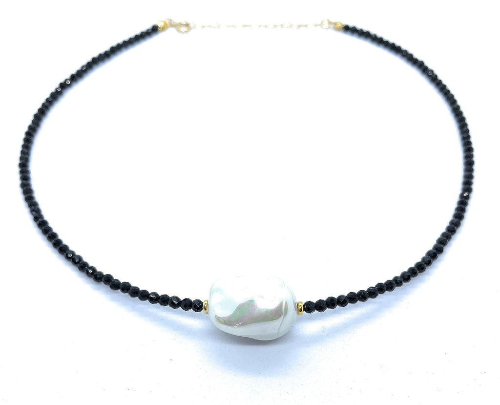 Gargantilla de perla barroca de 22 mm de grosor espinelas negras piedra natural semipreciosa de 2 mm de grosor plata de primera ley chapada en oro longitud 40 cm ajustable a 45 cm