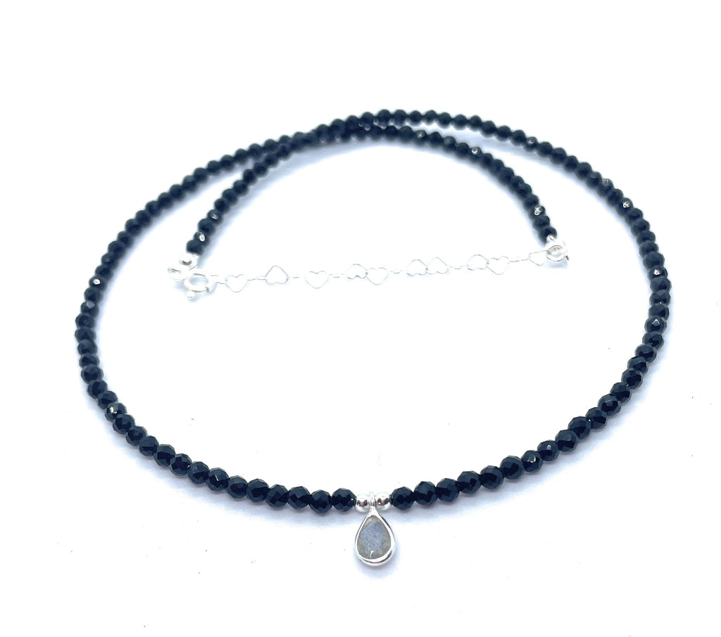 Eloboe essence Gargantilla de Turmalina Negra 3mm, Colgante de Labradorita, Plata 925, 40-45cm, Ajustable