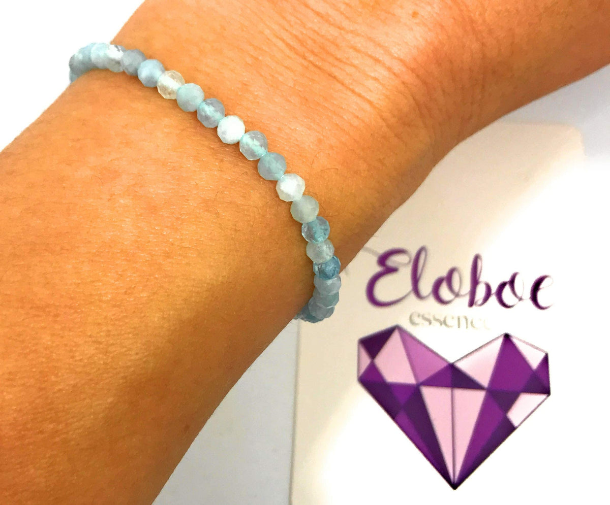 Pulsera de aguamarina, piedras naturales semipreciosas de 4 mm de grosor, cadena de plata ajustable de 16cm a 19cm.