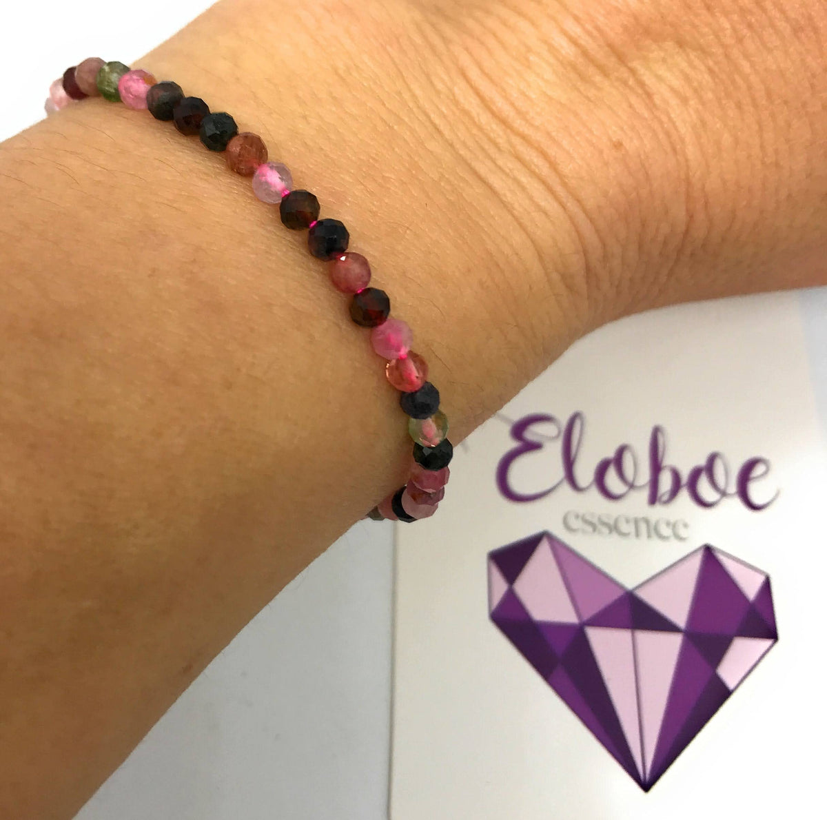Pulsera de turmalina sandía, piedras naturales semipreciosas de 4 mm de grosor, cadena de plata ajustable de 16cm a 19cm.